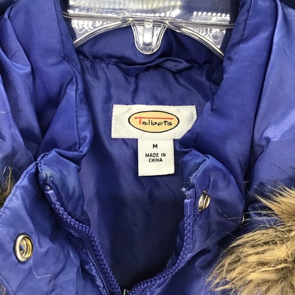 Talbots Down Vest W/Faux Fur Detachable Hood Zip Winter Sapphire Size Medium - Picture 4 of 11